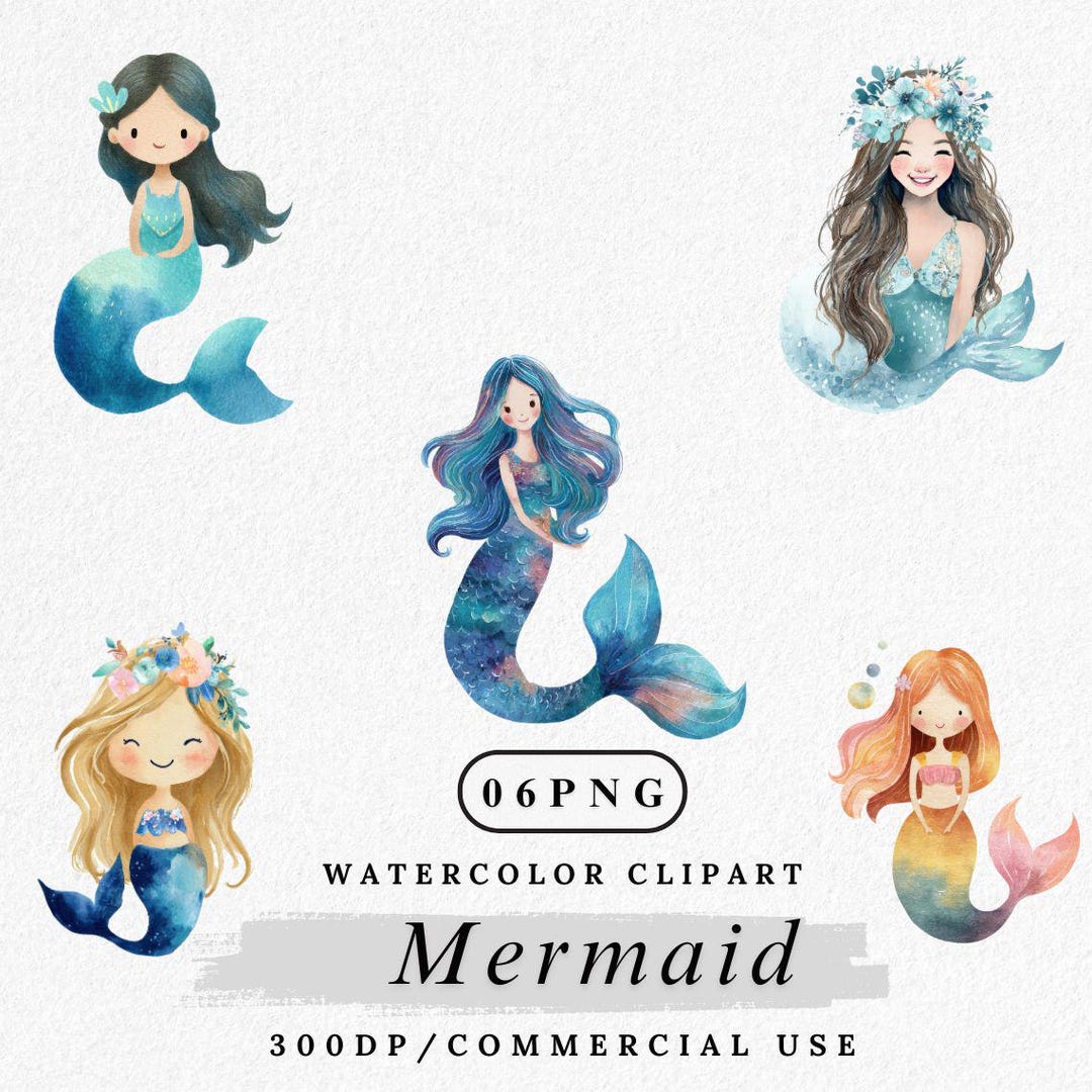 Watercolor Mermaid Clipart: Fantasy Ocean PNG Set (digital Download) - Etsy