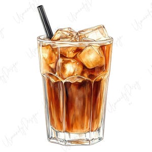 May include: A watercolour illustration of a tall glass of iced coffee. The drink is a rich brown colour, with several large ice cubes and a black straw. The glass has a textured, faceted design.