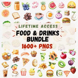 Cartoon Food & Drink Clipart Bundle: 1600+ Watercolor PNGs (Commercial Use, Digital Download)