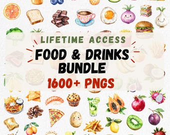 Eten en drinken PNG-bundel, 1600+ aquarel clipartpakket, keukenvoedselset, fruit, groenten, drankjes, desserts, png, instant download