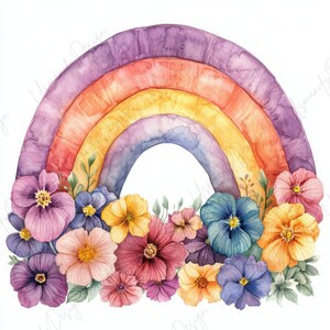 Può includere: Illustrazione ad acquerello di un arcobaleno con strati di viola, arancione, giallo e blu. Una varietà di fiori colorati nelle tonalità del rosa, viola, blu e giallo si trovano alla base dell'arcobaleno.