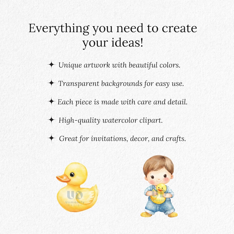 Puede incluir: Un conjunto de clipart de acuarela con un pato de goma amarillo y un ni&ntilde;o que sostiene un pato de goma amarillo. El clipart es perfecto para crear invitaciones, decoraci&oacute;n y manualidades.