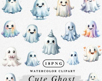 Kawaii Ghost Clipart: Akvarell PNG-grafik för scrapbooking (digital nedladdning)
