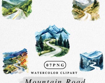 Watercolor Mountain Road Clipart: Scenic Landscape PNG (Digital Download)