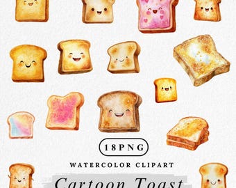 May include: Watercolor clipart of various cartoon toast slices with smiling faces. Some toast slices have jam or jelly. The image includes the text "18 PNG", "Watercolor Clipart", "Cartoon Toast", and "300DP/Commercial Use".