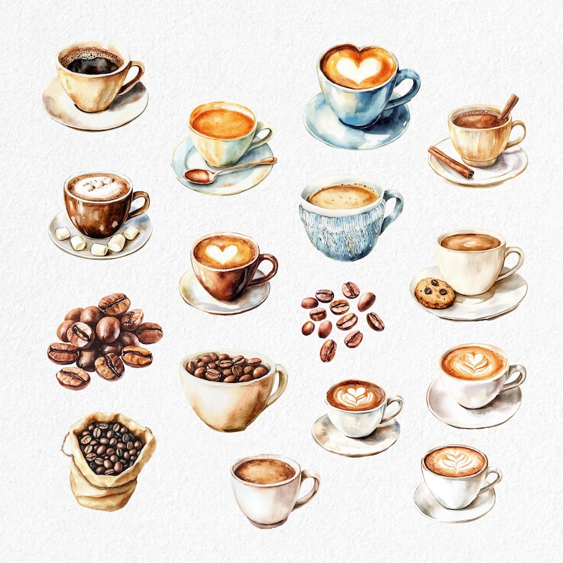 May include: Watercolor illustration of various coffee cups and coffee beans. The image features a variety of coffee drinks, including lattes with heart-shaped foam art, espresso, and coffee with a cinnamon stick. Coffee beans are also shown.