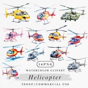 Helicopter Clipart, Watercolor Helicopter PNG, Aircraft Clip Art, Digital Download, Paper Crafting, Commercial Use, Cute Helicopter PNG
