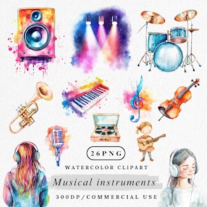 Musical Instrument Clipart Bundle, Watercolor Music PNGs, Guitar Piano Drum Clip Art, Band Instrument PNGs, Music School art, Paper Crafting
