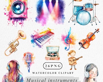 Watercolor Musical Instrument Clipart Bundle (PNG Digital Download)