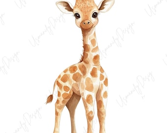 19 Watercolor Giraffe Clipart, Cute Baby Giraffe PNG Bundle, Safari Animal, Nursery Jungle Art, Scrapbook Stickers, High-Quality PNG Set
