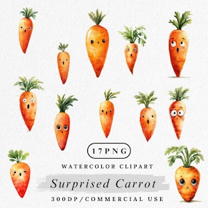 Surprised Carrot Clipart, Cute Vegetable PNG, Funny Watercolor Carrot Illustration, Kawaii Food Clip Art, Cartoon Carrot PNG Bundle, Digital