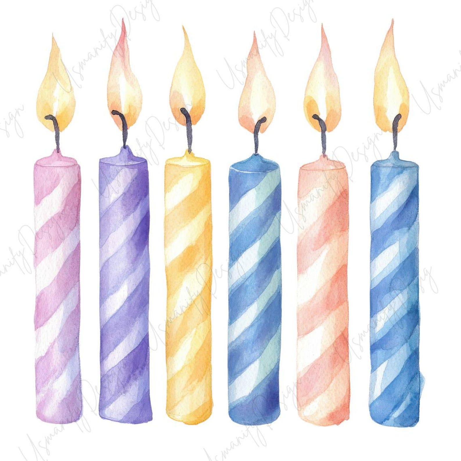 16 Watercolor Birthday Candle Art, Colorful Cake Candle Clipart, Party ...