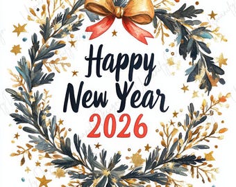 18 Happy New Year 2026 Wreath Art, Gold and Blue Frame Art, Festive Garland, Junk Journal, Paper Craft, Printable Decor, High Quality JPG