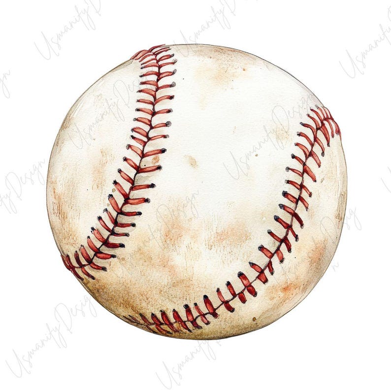 May include: A watercolor illustration of a baseball. The baseball is off-white with red stitching. The ball has a distressed, aged appearance, with brown shading and spots.