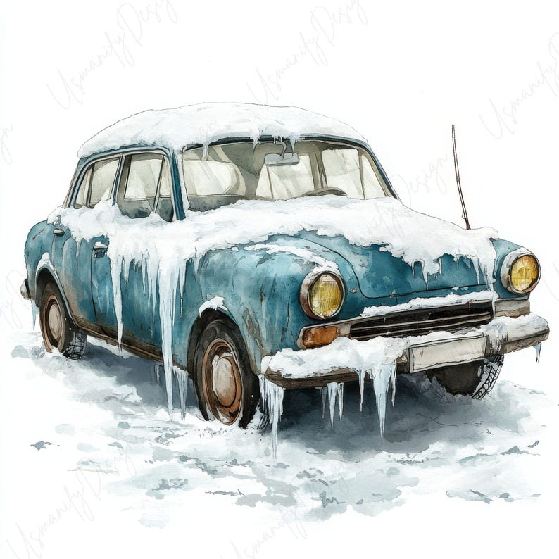23 Watercolor Car Covered in Snow Clipart, Winter Vehicle for Junk ...