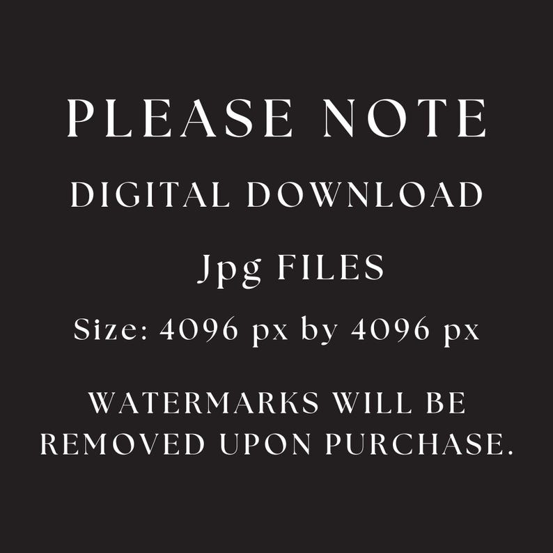 Pu&ograve; includere: Sfondo nero con testo bianco che recita "PLEASE NOTE DIGITAL DOWNLOAD Jpg FILES Dimensioni: 4096 px per 4096 px I FILIGRANE SARANNO RIMOSSI DOPO L'ACQUISTO."
