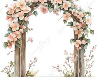17 Watercolor Floral Arch Clipart, Wedding Flower Arch JPG, Romantic Garden Frames, Paper Craft, Botanical Decor, High Quality JPG