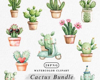 Clipart di cactus in formato PNG, illustrazione di un simpatico personaggio di cactus, acquerello di una pianta grassa, clipart di piante kawaii, clipart di cactus del deserto, decorazioni per la cameretta dei bambini