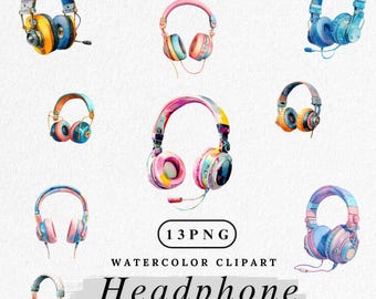 Puede incluir: Clipart de acuarela de auriculares en varios colores, incluyendo azul, rosa, amarillo y naranja. La imagen incluye el texto "13 PNG", "Watercolor Clipart", "Headphone" y "300DP/Commercial Use".