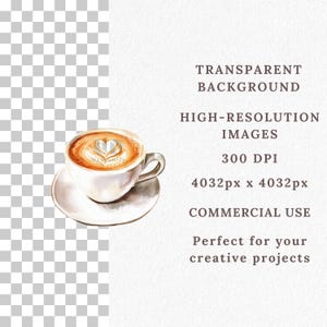 May include: Watercolor illustration of a cup of coffee with latte art in a white cup and saucer. The coffee has a heart-shaped design on top. The image has a transparent background and is suitable for commercial use.