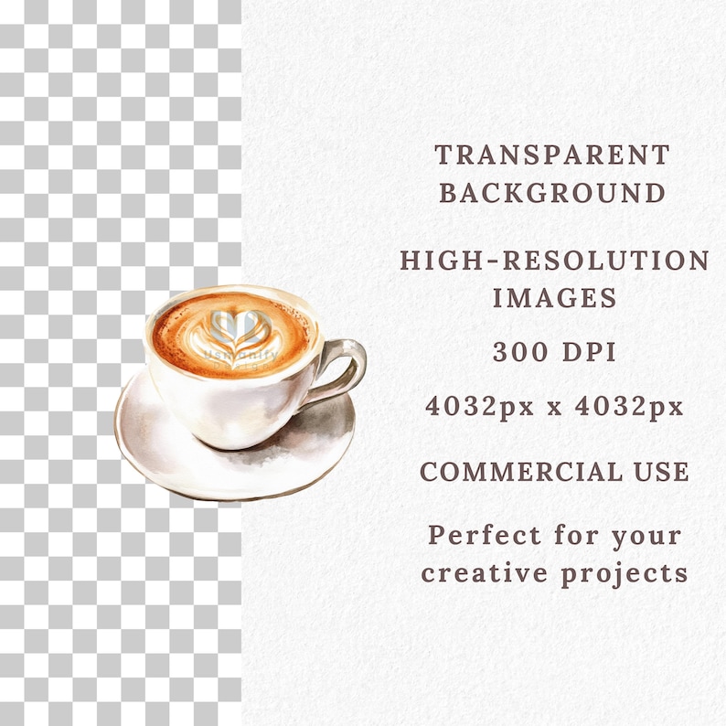 May include: Watercolor illustration of a cup of coffee with latte art in a white cup and saucer. The coffee has a heart-shaped design on top. The image has a transparent background and is suitable for commercial use.