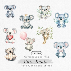 コアラのクリップアートPNG、かわいいコアラのキャラクターイラスト、水彩動物のクリップアート、かわいいコアラのクリップアート、保育園の壁アート、デジタルダウンロード