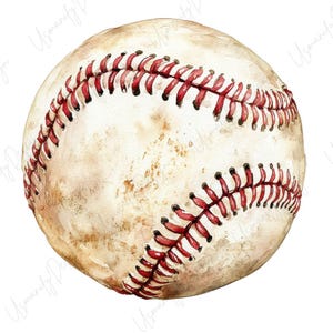 Puede incluir: Ilustración en acuarela de una pelota de béisbol. La pelota es blanquecina con costuras rojas. La pelota de béisbol tiene un aspecto vintage y desgastado con sombreado marrón y beige.