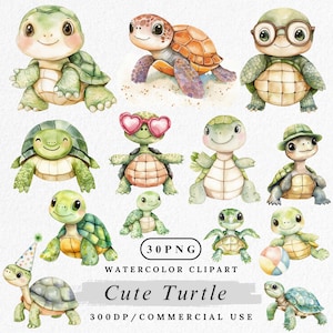 Pacote de clipart de tartaruga, tartaruga fofa PNG, ilustração de tartaruga marinha em aquarela, clipart de animais kawaii, gráficos de animais do oceano, arte de bebê tartaruga