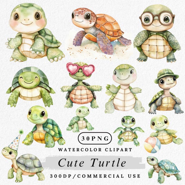 Turtle Clipart Bundle, Cute Turtle PNG, Watercolor Sea Turtle Illustration, Kawaii Animal Clip Art, Ocean Animal Graphics, Baby Turtle art