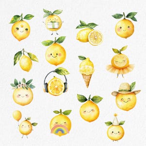 Peut inclure: Illustrations &agrave; l'aquarelle de citrons avec diff&eacute;rentes expressions et accessoires. Certains citrons portent des chapeaux, des lunettes de soleil et tiennent un arc-en-ciel. D'autres tiennent une bo&icirc;te cadeau, un lecteur de musique et un chapeau de f&ecirc;te.