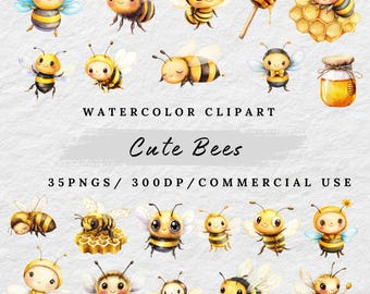 Imágenes prediseñadas de abeja de acuarela, abeja linda PNG, imágenes prediseñadas de panal, ilustración de abeja, tarro de miel PNG, descarga digital