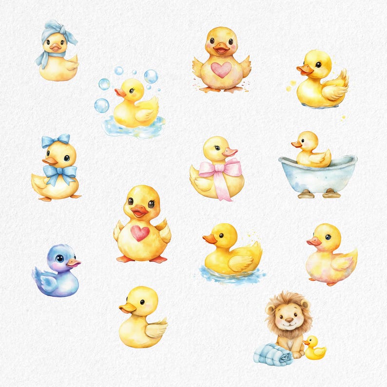 Puede incluir: Un conjunto de 12 ilustraciones de acuarela de patos de goma amarillos con diferentes expresiones y accesorios. Algunos patos llevan lazos, sombreros y sostienen corazones. Los patos est&aacute;n en diferentes poses, algunos nadan, algunos est&aacute;n de pie y algunos est&aacute;n sentados. Las ilustraciones son perfectas para agregar un toque de fantas&iacute;a a cualquier proyecto.