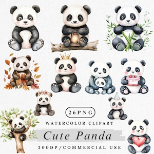 Panda Clipart Bundle, Cute Panda Character PNGs, Watercolor Bear Clip Art, Kawaii Animal arts, Nursery Panda Art, Digital, Commercial Use