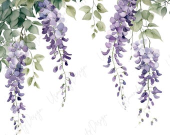 22 Watercolor Wisteria Clipart, Purple Floral PNG Bundle, Hanging Flower, Botanical Garden Art, Scrapbook Stickers, High-Quality PNG Set