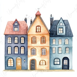 Könnte beinhalten: Aquarellillustration von drei farbenfrohen Häusern im europäischen Stil. Die Häuser sind in Blau-, Orange- und Rosatönen gemalt und weisen detaillierte Fenster, Türen und Dächer auf. Das Bild hat eine skurrile, märchenhafte Atmosphäre.