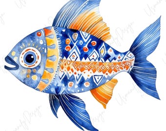 24 Watercolor Fish Clipart PNG Set, Colorful Tropical Fish Illustration, Abstract Mosaic Fish Art, Ocean Sea Life Design, Aquarium Fish PNG