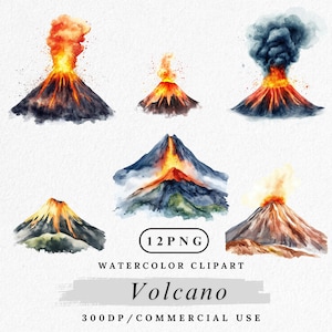 Volcano Clipart, Watercolor Eruption PNG, Lava Mountain Illustration, Exploding Volcano Clip Art, Natural Disaster Graphic, Scrapbook Images