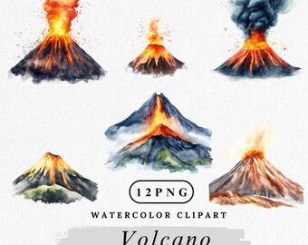 Aquarel vulkaan clipart: uitbarsting, png, lavaberg (digitale download)