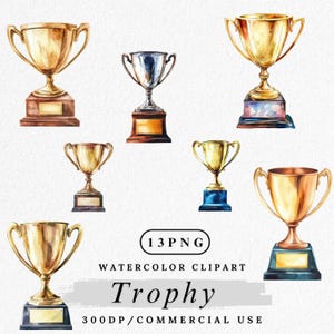 Trophäe Clipart, Aquarell Trophäe PNG, Sport Auszeichnung Clip Art, Gold Cup PNGs, Champion Preis Grafiken, digitaler Download, Scrapbook-Bilder