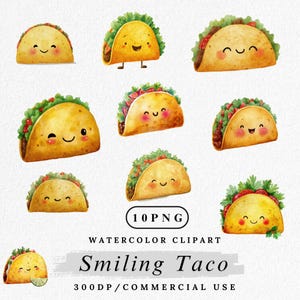 Könnte beinhalten: Aquarell-Clipart von lächelnden Tacos mit verschiedenen Füllungen, darunter Salat und Tomaten. Die Tacos haben fröhliche Gesichter und sind in verschiedenen Posen. Das Bild enthält den Text "10 PNG", "Watercolor Clipart", "Smiling Taco" und "300DP/Commercial Use".