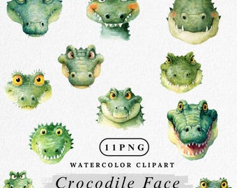 Crocodile Face Clipart Bundle: Cute Animal PNG Set, Cartoon Alligator Illustration Pack, Digital Download