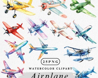 Akvarell flygplan Clipart: Resegrafik, kommersiellt bruk (digital nedladdning, 25 PNG-bilder