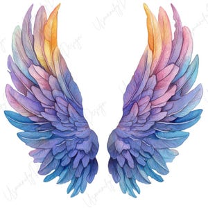 May include: Watercolor illustration of two angel wings. The wings are a gradient of colors, including blue, purple, pink, and yellow. The feathers are detailed and layered, creating a sense of depth and texture. The wings are symmetrical and spread out.