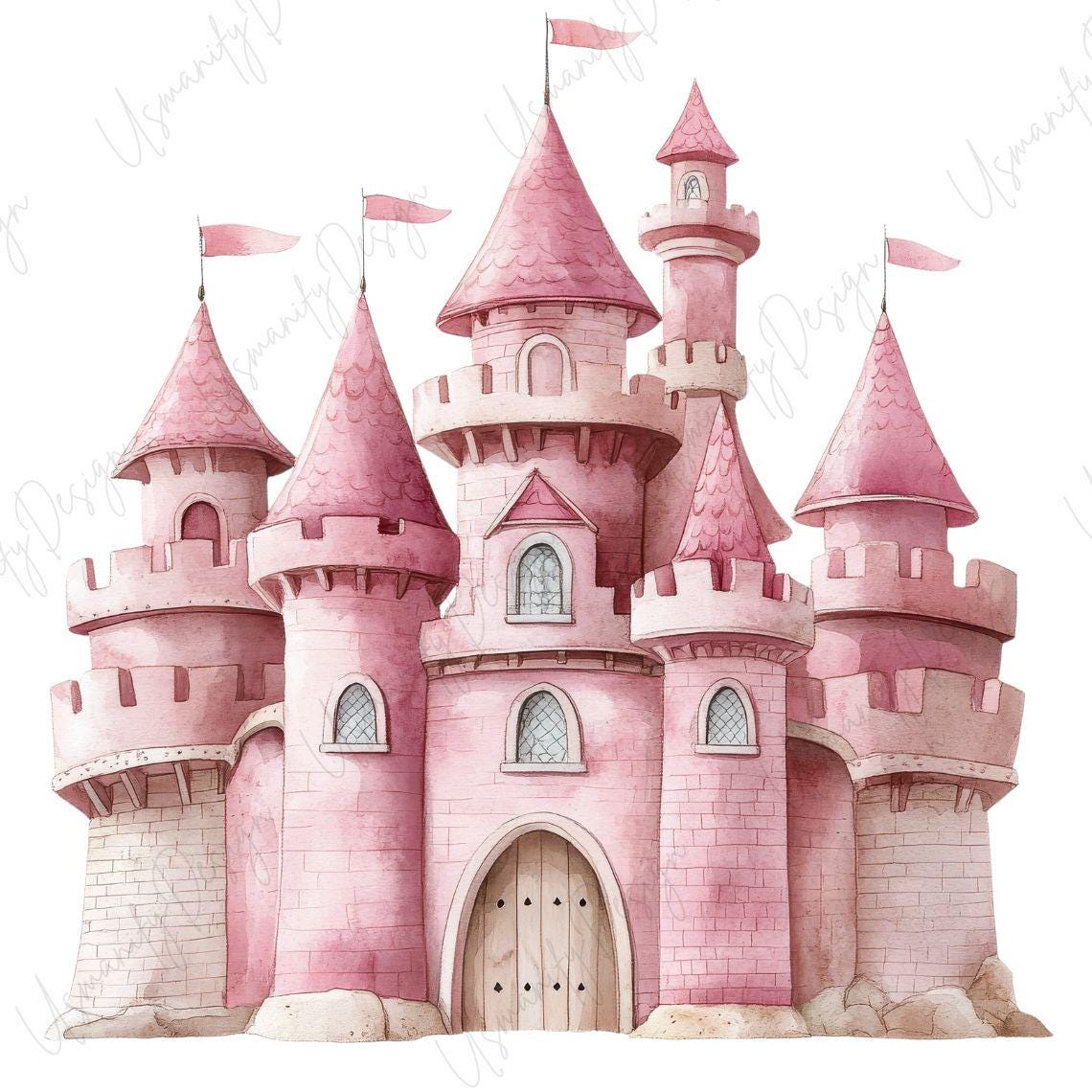 19 Watercolor Pink Castle Clipart PNG Set, Fairytale Princess Castle ...