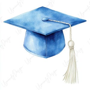 May include: Watercolor illustration of a blue graduation cap with a white tassel. The cap has a square top and a rounded base. The tassel is attached to the top of the cap with a small button.