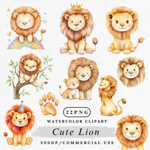 Paquete de imágenes prediseñadas de león, león lindo PNG, imágenes prediseñadas de animales de safari en acuarela, león bebé PNG, gráficos de animales de la selva, manualidades con papel, acceso instantáneo