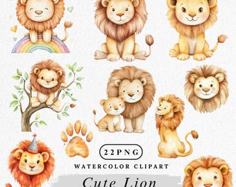 Lion Clipart Bundle, Cute Lion PNG, Watercolor Safari Animal Clip Art, Baby Lion PNG, Jungle Animal Graphics, Paper Crafting, Instant Access