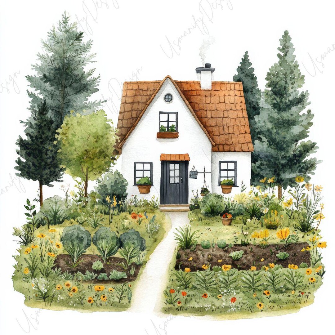 15 Watercolor Cottage Garden Clipart JPG, Farmhouse House Illustration ...