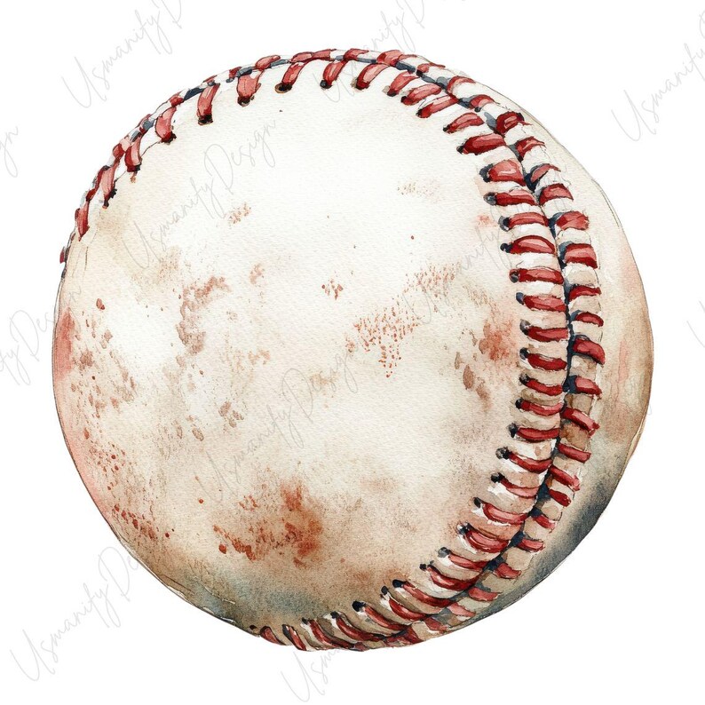 May include: Watercolor illustration of a baseball. The baseball is off-white with red stitching and brown spots, giving it a vintage look. The image is a close-up, showcasing the details of the ball.