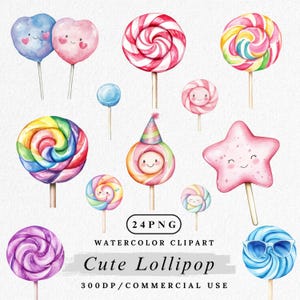 Lollipop Clipart Bundle, Cute Candy PNG, Watercolor Lollipop art, Kawaii Sweet Clip Art, Digital Candy Stickers, Rainbow Lollipop Graphics